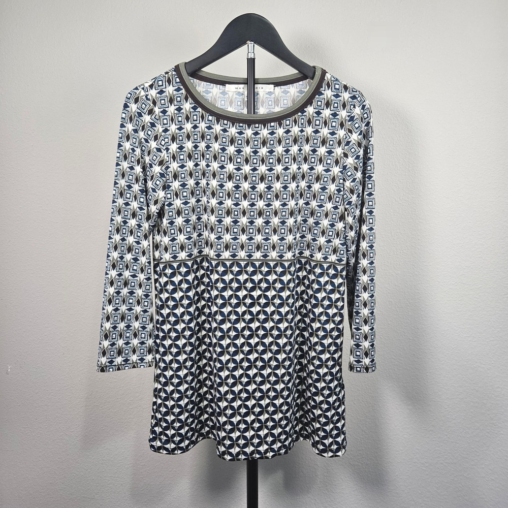 Max Studio Top Women S Blue Gray Geometric Print 3/4 Sleeve Mod Officecore